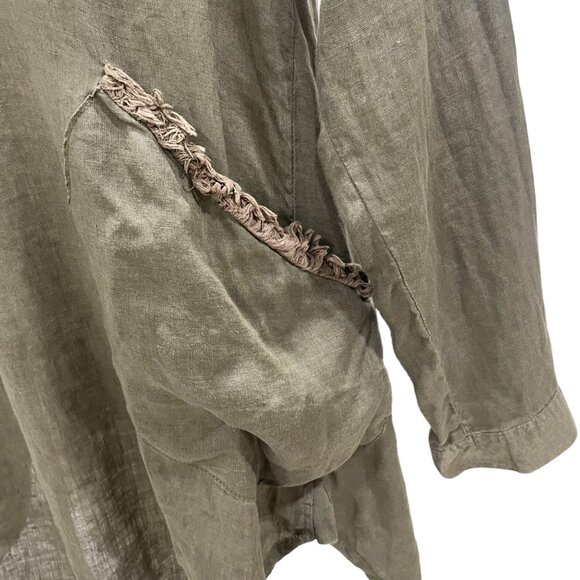 Olive Green Long-Sleeve Tunic Boho Pocket Trim V-Neck Lightweight Comfy Sz S - Picture 6 of 11
